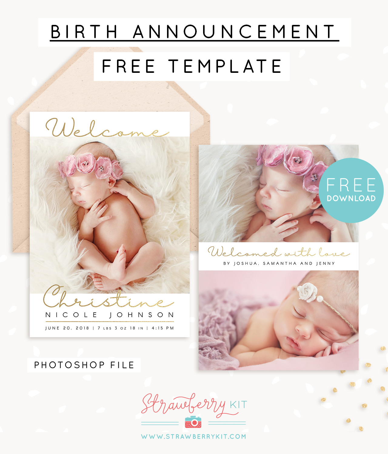 Free Birth Announcement Template For Photoshop – Strawberry Kit inside Free Birth Announcements Printable