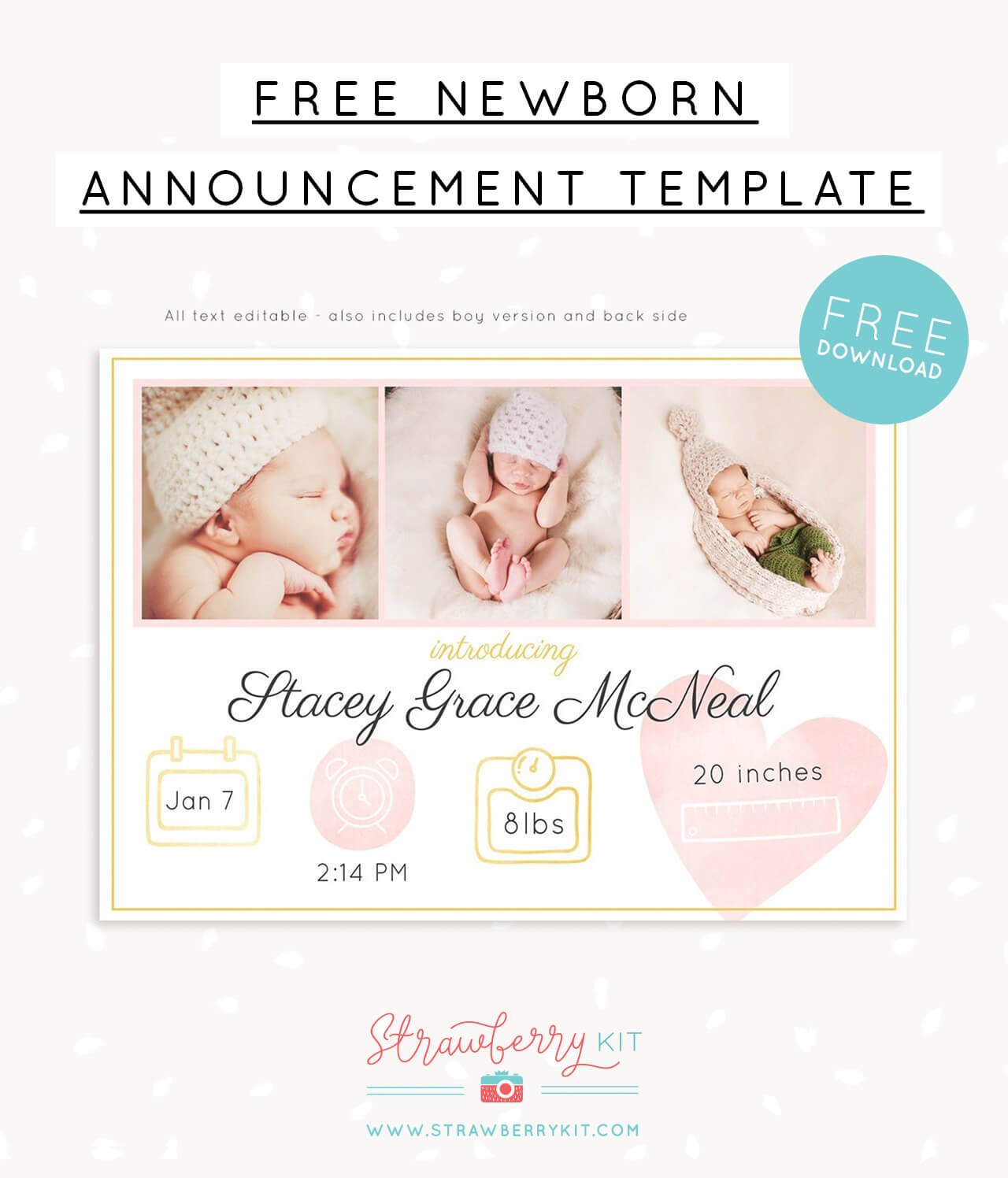 Free Birth Announcement Template For Photoshop – Strawberry Kit with Free Birth Announcements Printable