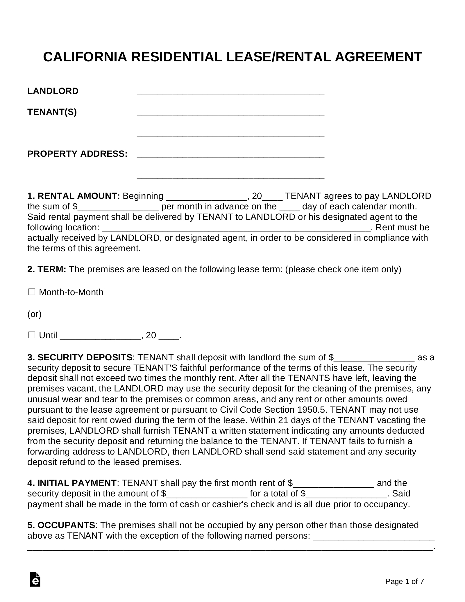 Free California Lease Agreement Templates (6) - Pdf | Word – Eforms for Free Printable California Residential Lease Agreement