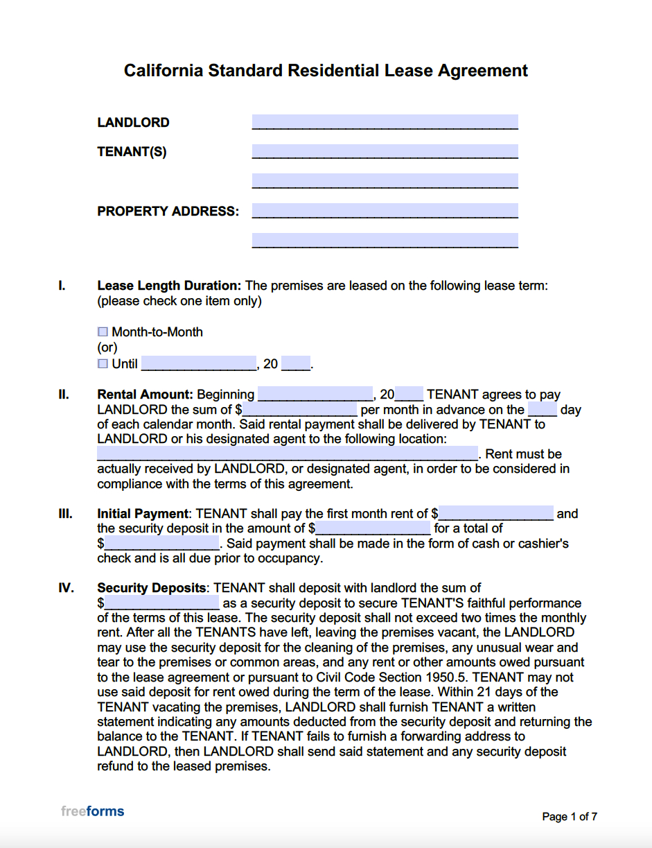 Free California Standard Residential Lease Agreement Template intended for Free Printable California Residential Lease Agreement