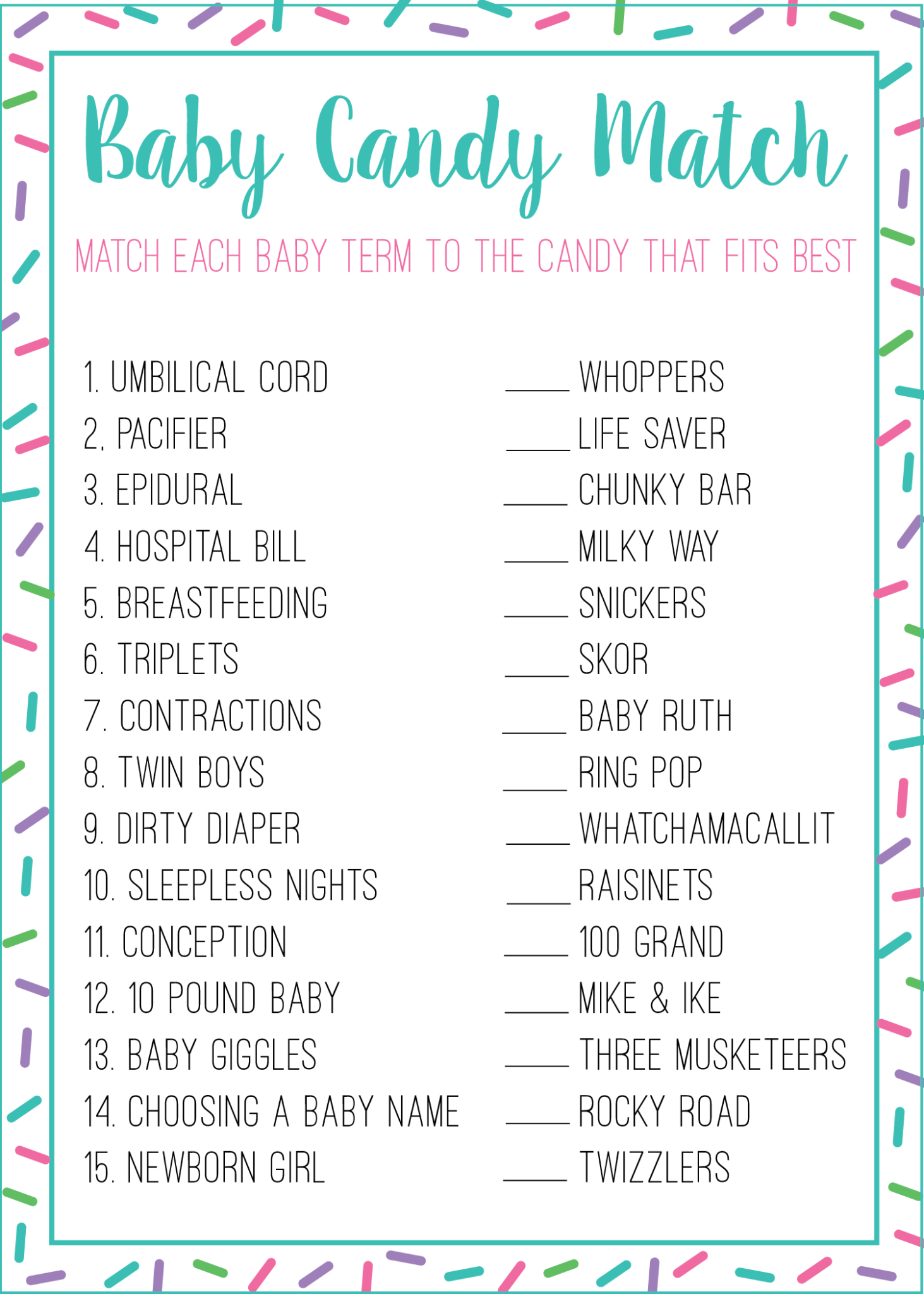 Free Candy Match Baby Shower Game - The Postpartum Party | Funny with Candy Bar Baby Shower Game Free Printable