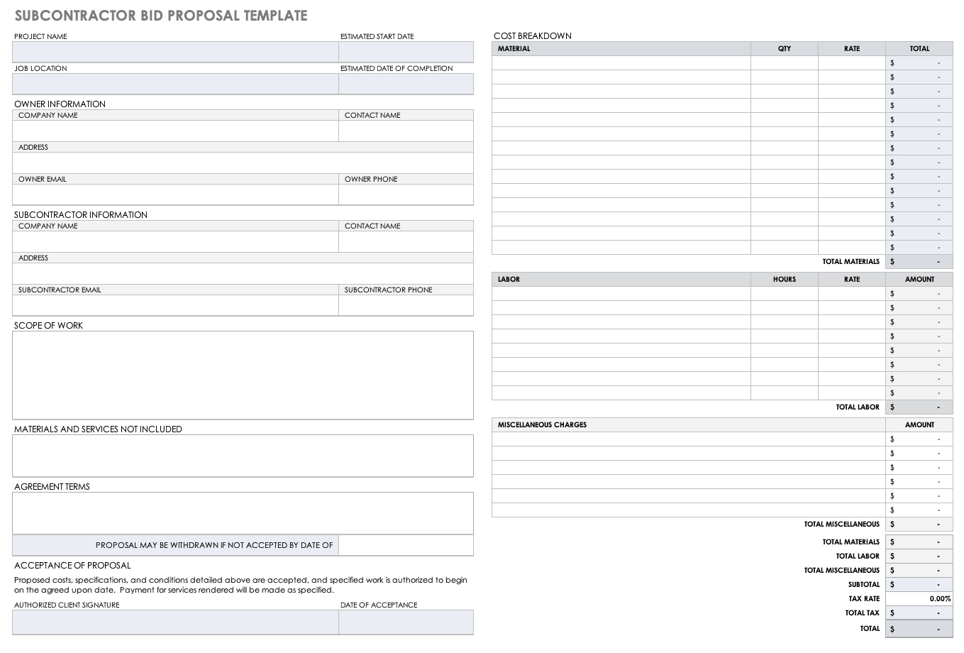 Free Construction Bid Templates | Smartsheet inside Free Printable Contractor Bid Forms