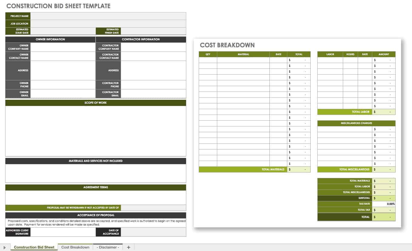 Free Construction Bid Templates | Smartsheet intended for Free Printable Contractor Bid Forms