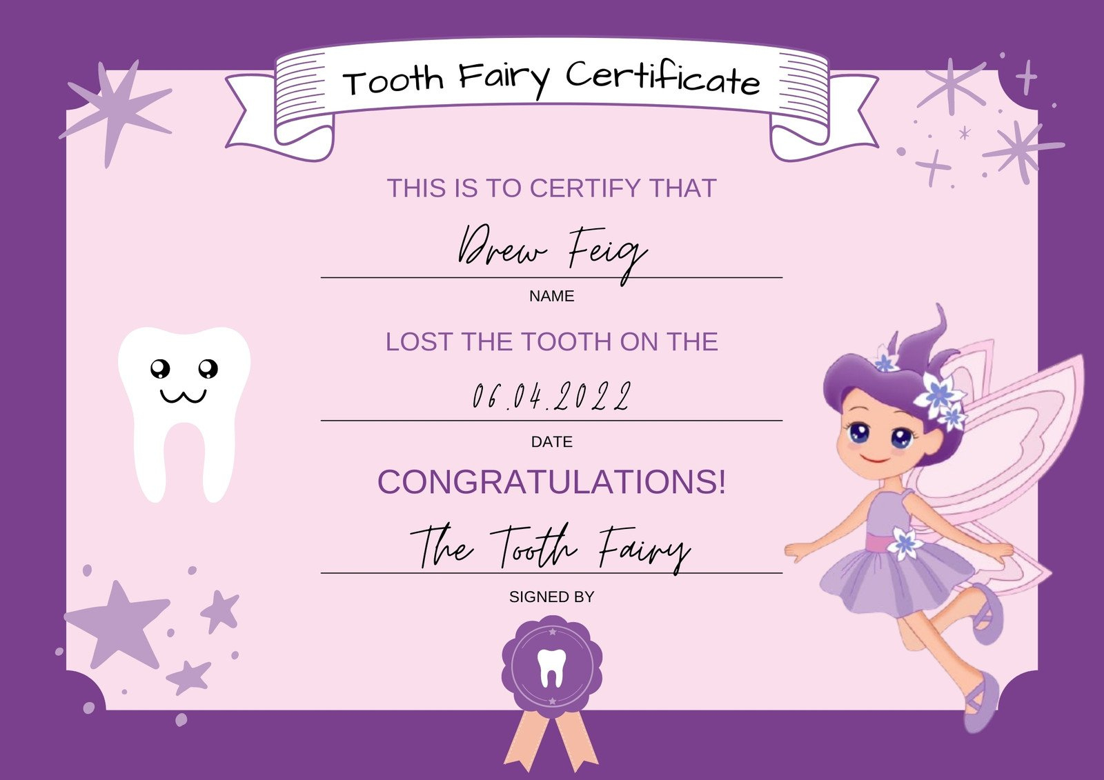 Free Customizable Tooth Fairy Certificate Templates | Canva intended for Free Printable Tooth Fairy Letters