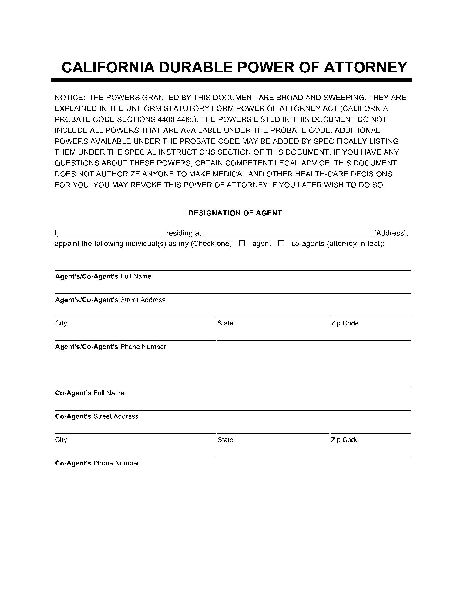 Free Durable California Power Of Attorney Forms (Pdf) | Cocosign within Free Printable Power Of Attorney Form California