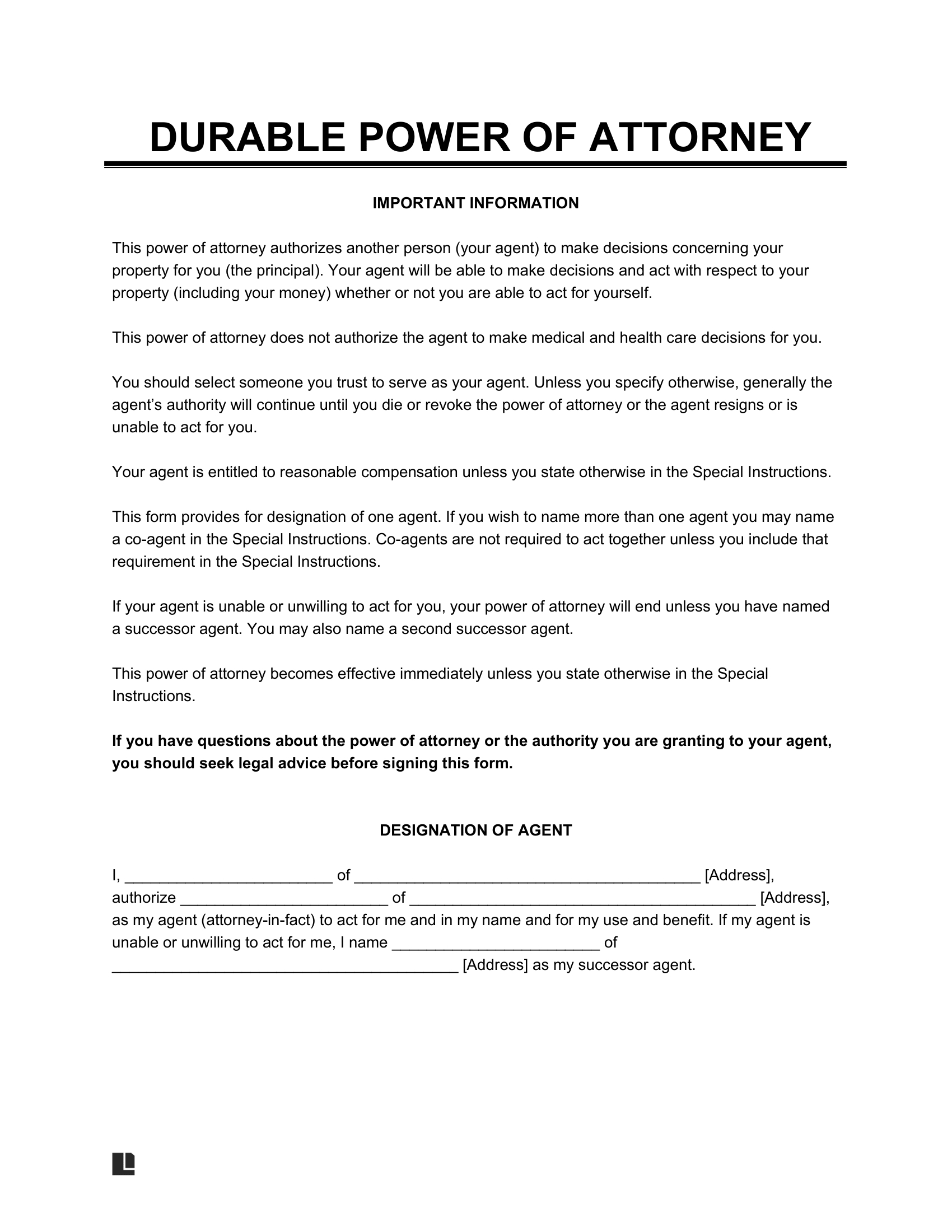 Free Durable (Financial) Power Of Attorney Form - Pdf &amp;amp; Word inside Free Printable Power of Attorney Forms Online