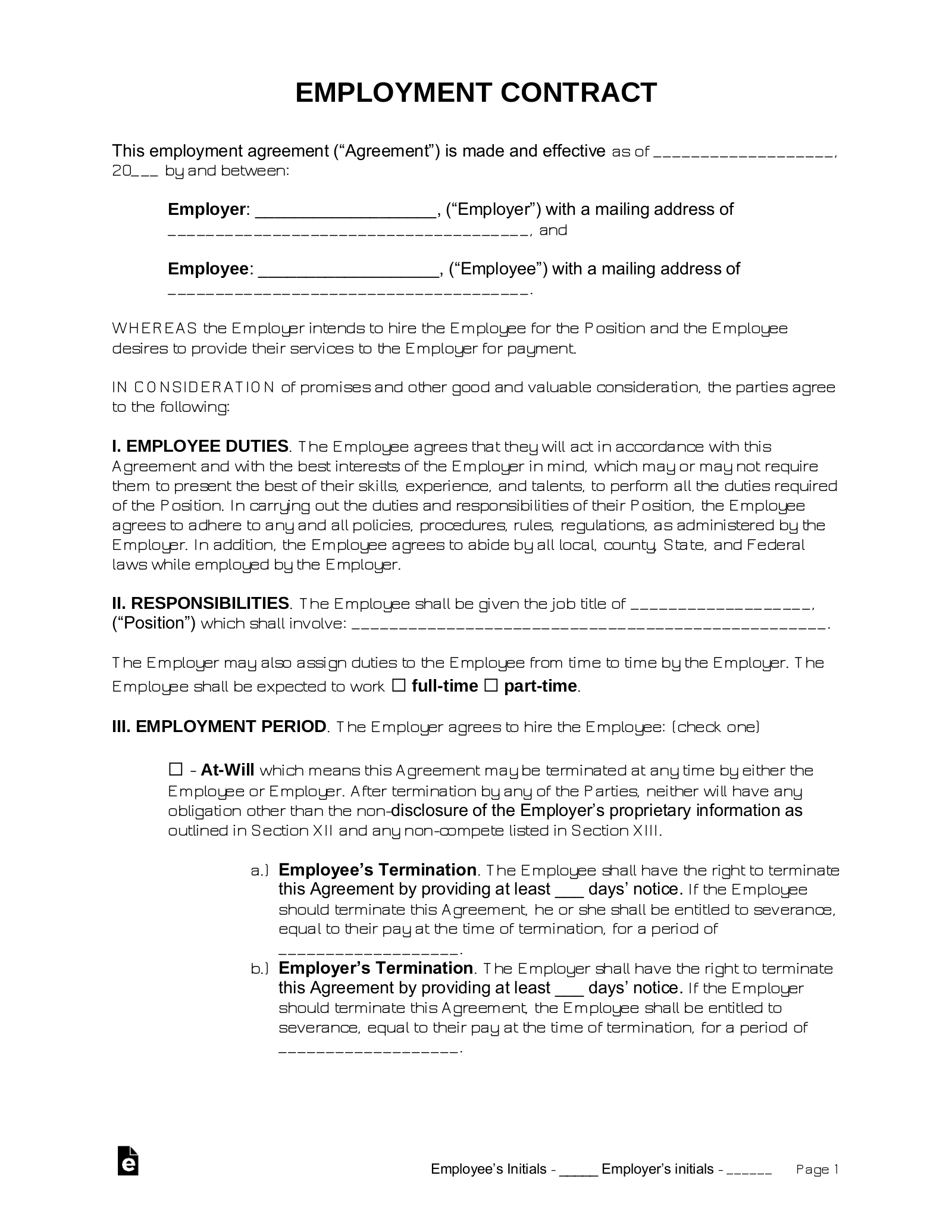 Free Employment Contract Templates - Pdf | Word – Eforms inside Free Printable Employment Contracts