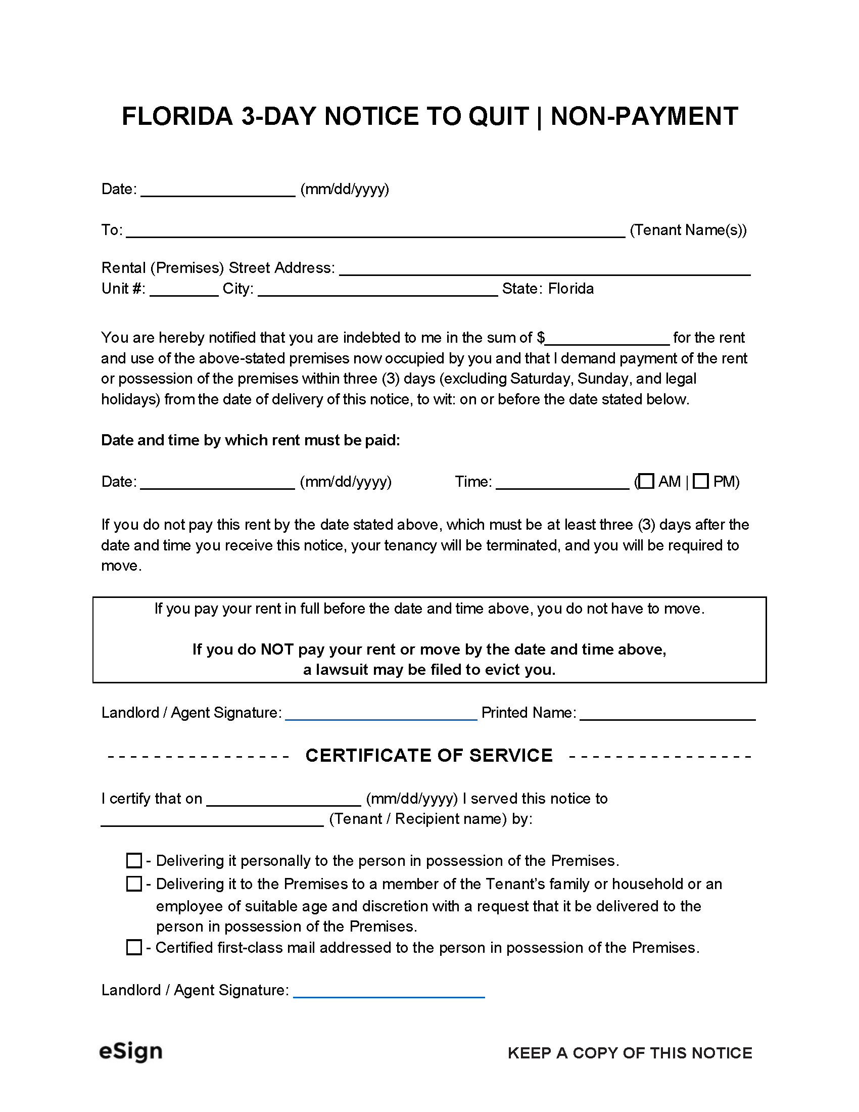 Free Florida 3-Day Notice To Quit | Non-Payment | Pdf | Word in Free Printable 3 Day Eviction Notice