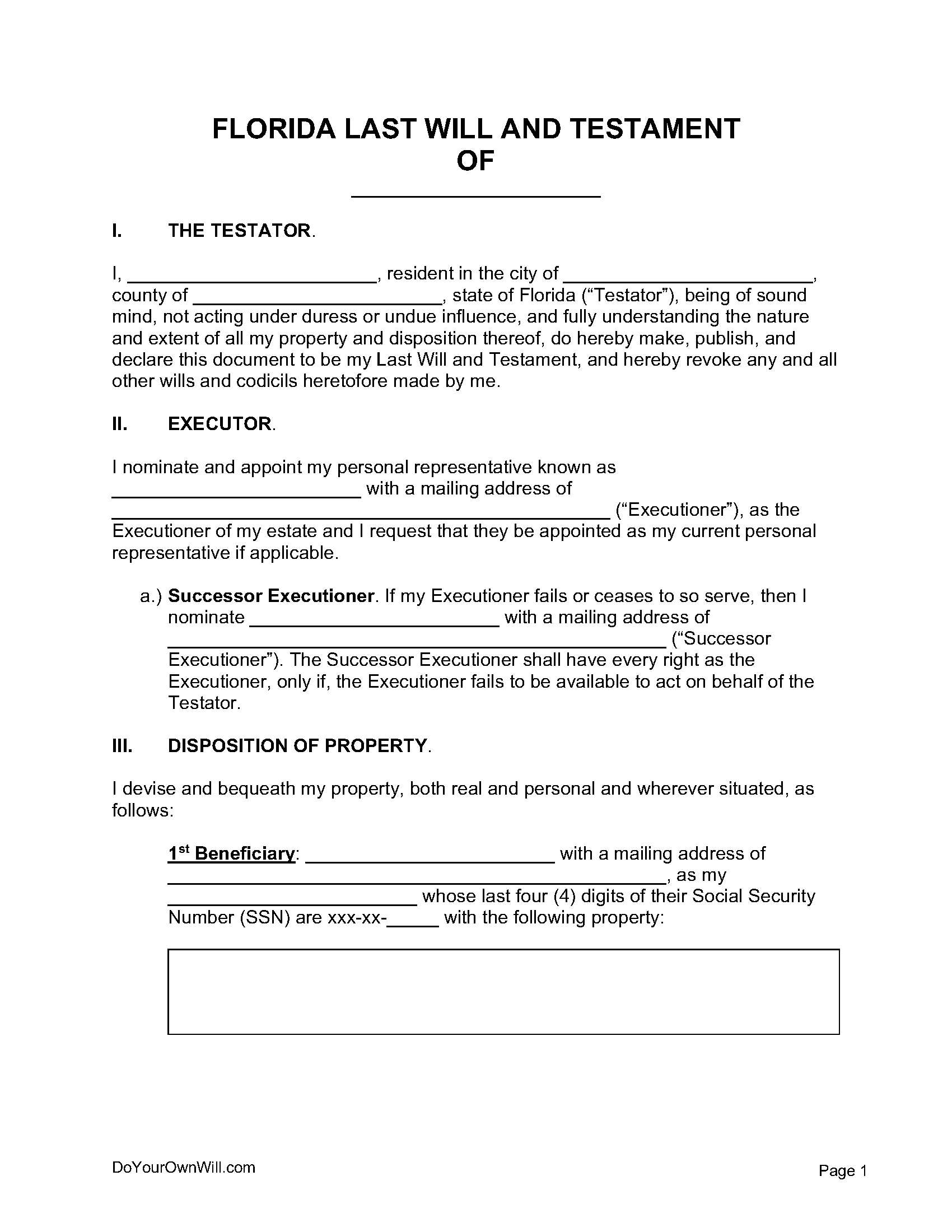 Free Florida Last Will And Testament Form | Pdf | Word | Odt with regard to Free Printable Last Will And Testament Blank Forms Florida