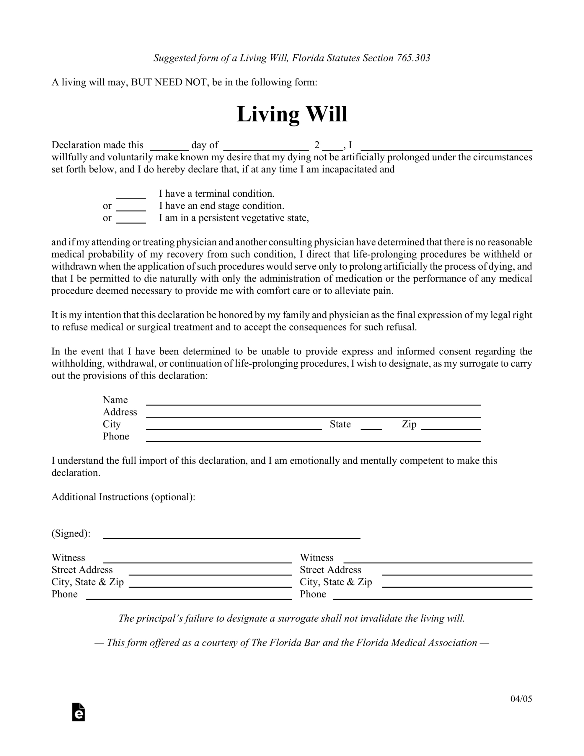 Free Florida Living Will Form - Pdf – Eforms regarding Free Printable Florida Will