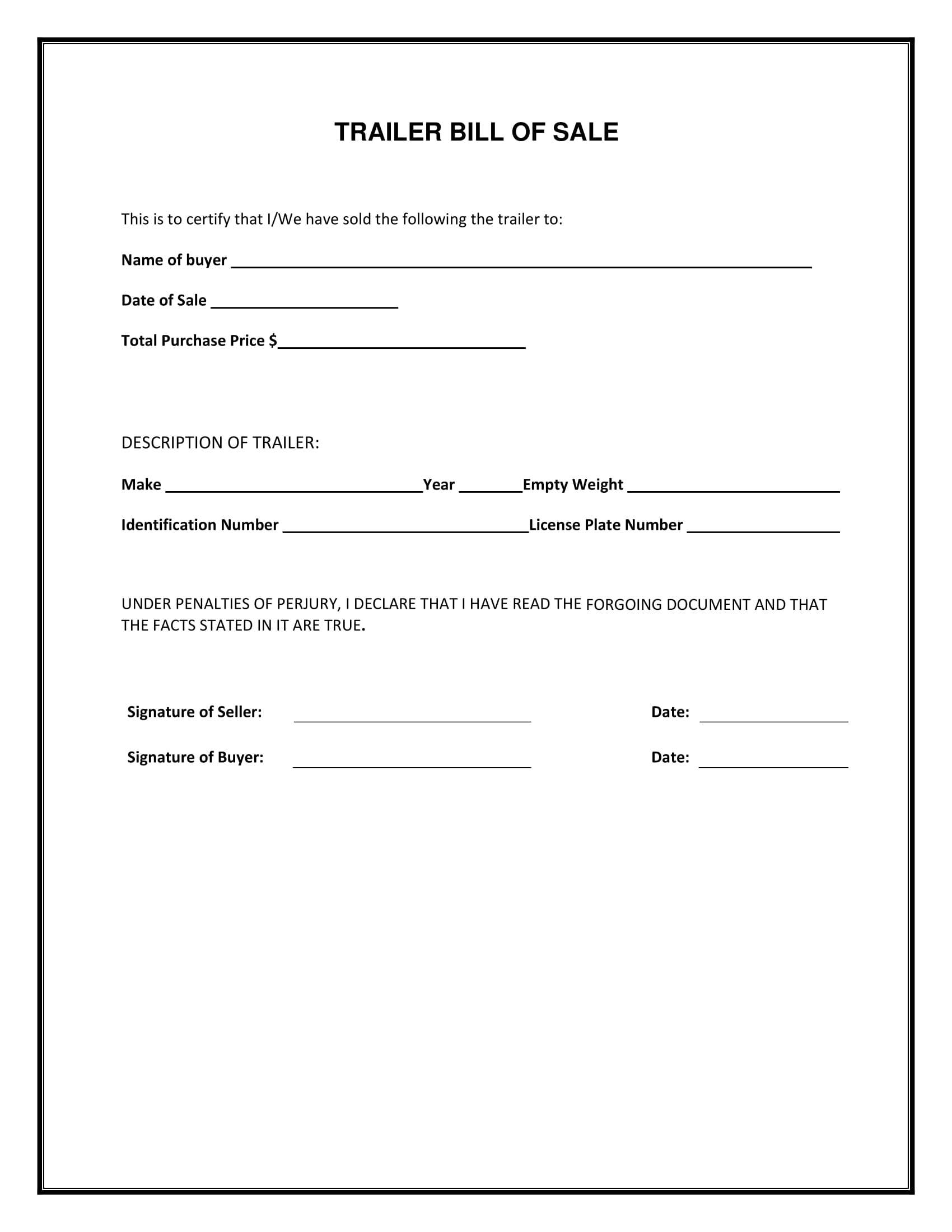 Free Florida Trailer Bill Of Sale Template | Fillable Forms intended for Free Printable Bill Of Sale For Trailer