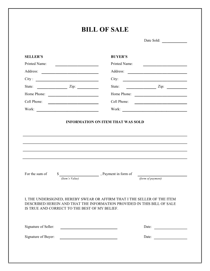 Free General Bill Of Sale Form - Download Pdf | Word | Bill Of within Free Printable Generic Bill Of Sale