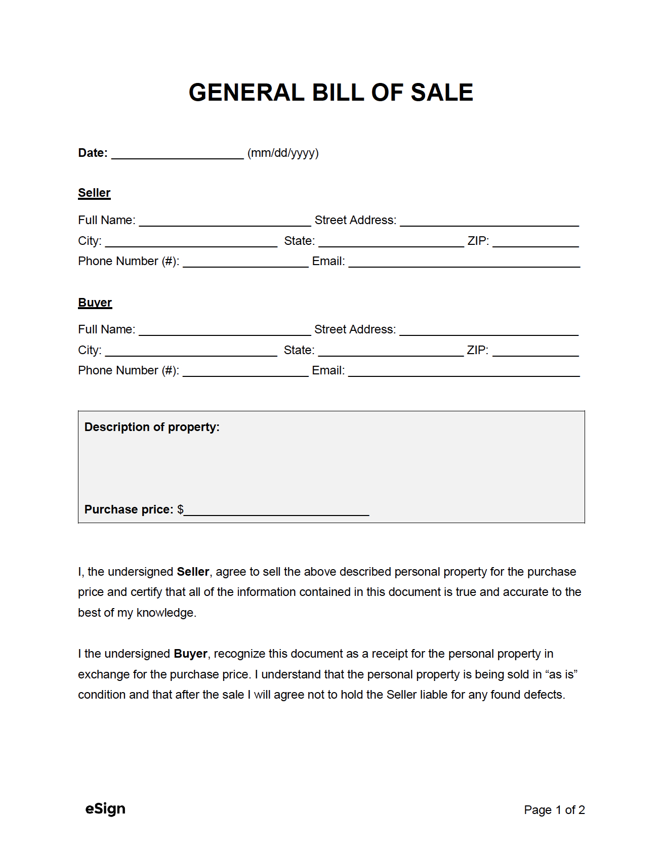 Free General Bill Of Sale Form | Pdf | Word inside Free Printable Bill Of Sell