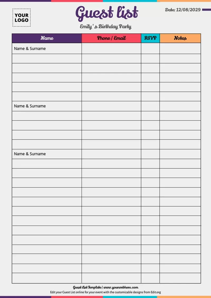 Free Guest List Templates To Customize pertaining to Free Printable Birthday Guest List