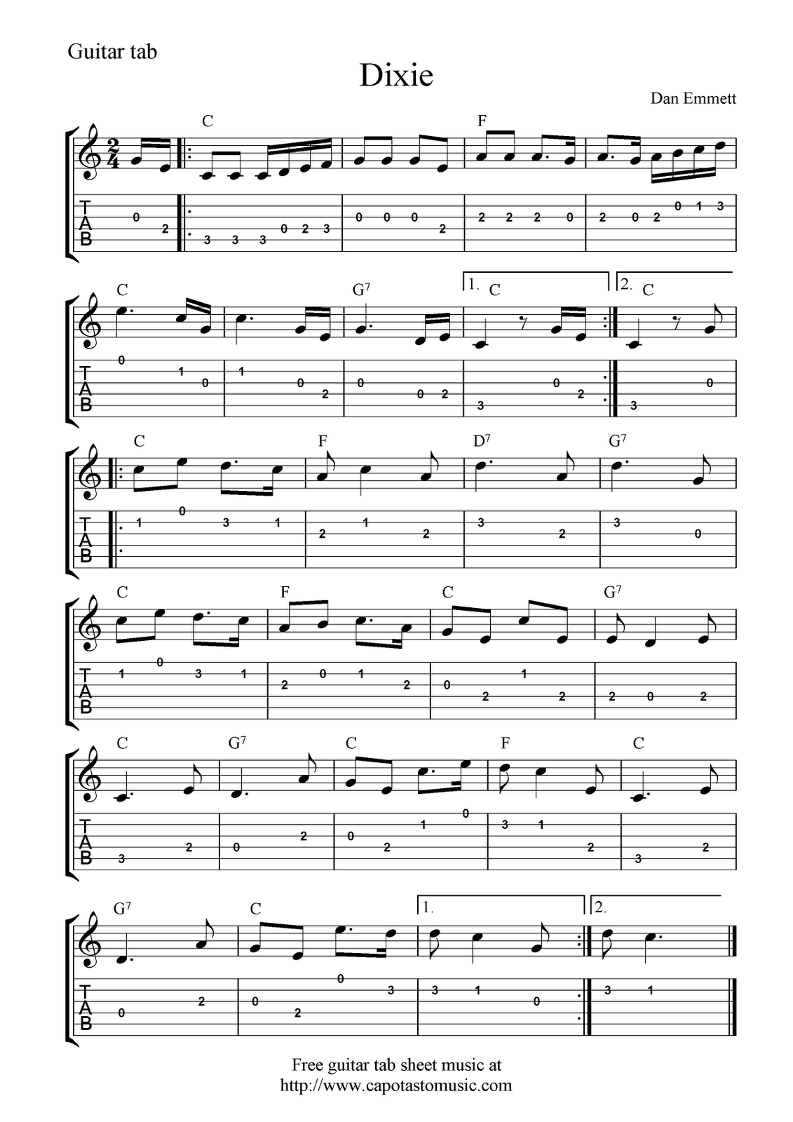 Free Guitar Tab Sheet Music For Dixie with regard to Free Printable Guitar Tabs for Beginners