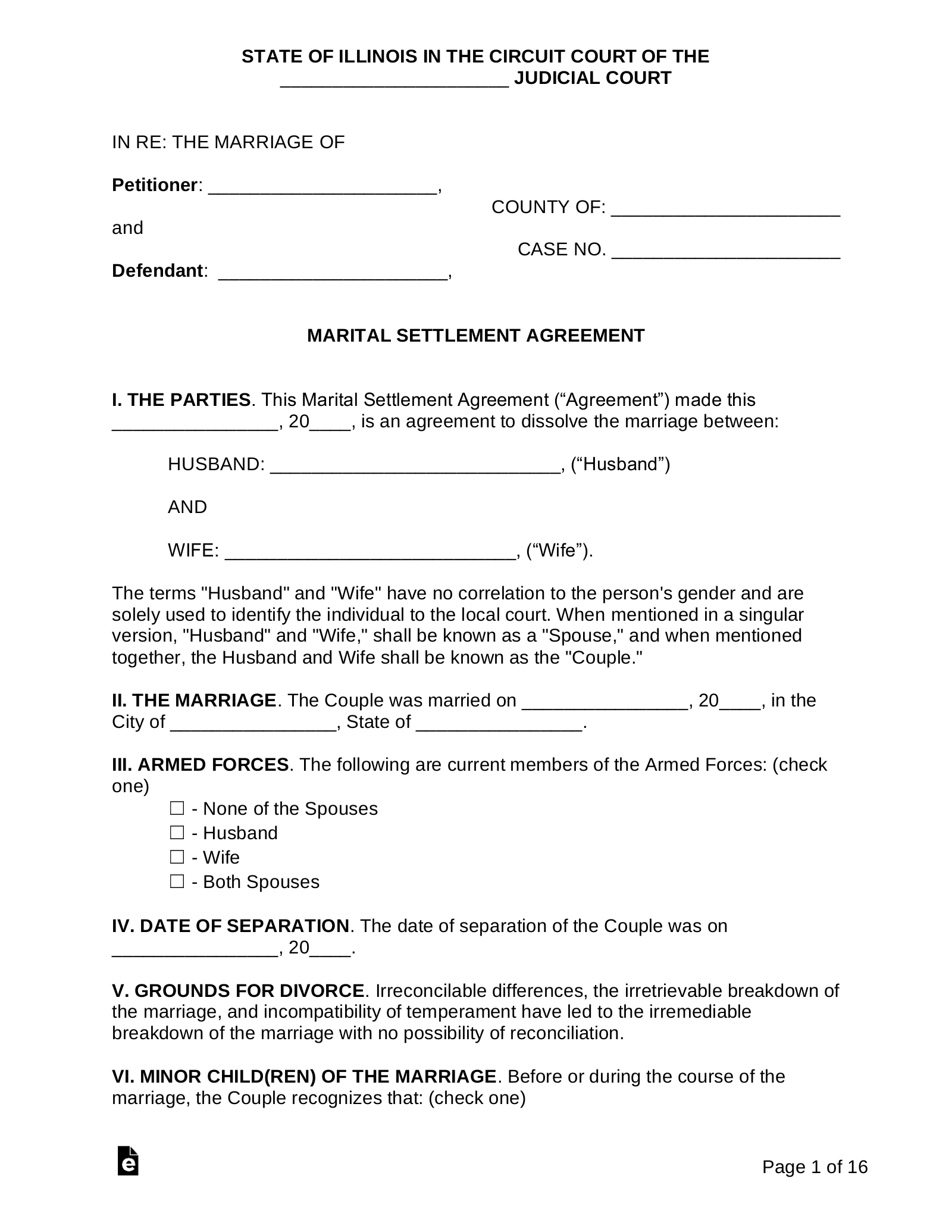 Free Illinois Marital Settlement (Divorce) Agreement - Pdf | Word intended for Free Printable Divorce Papers For Illinois