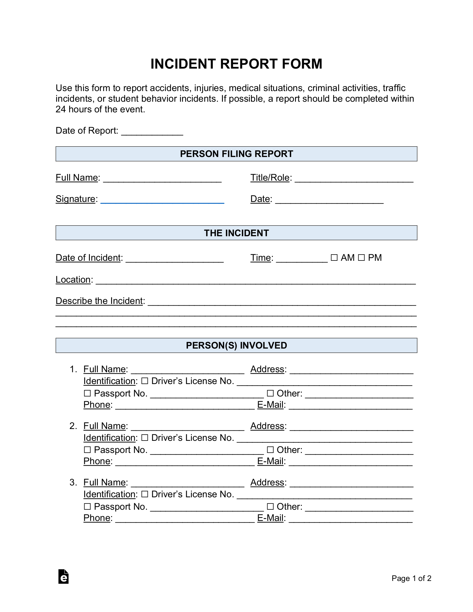 Free Incident Report Templates (18) | Sample - Pdf | Word – Eforms inside Free Printable Incident Report Form