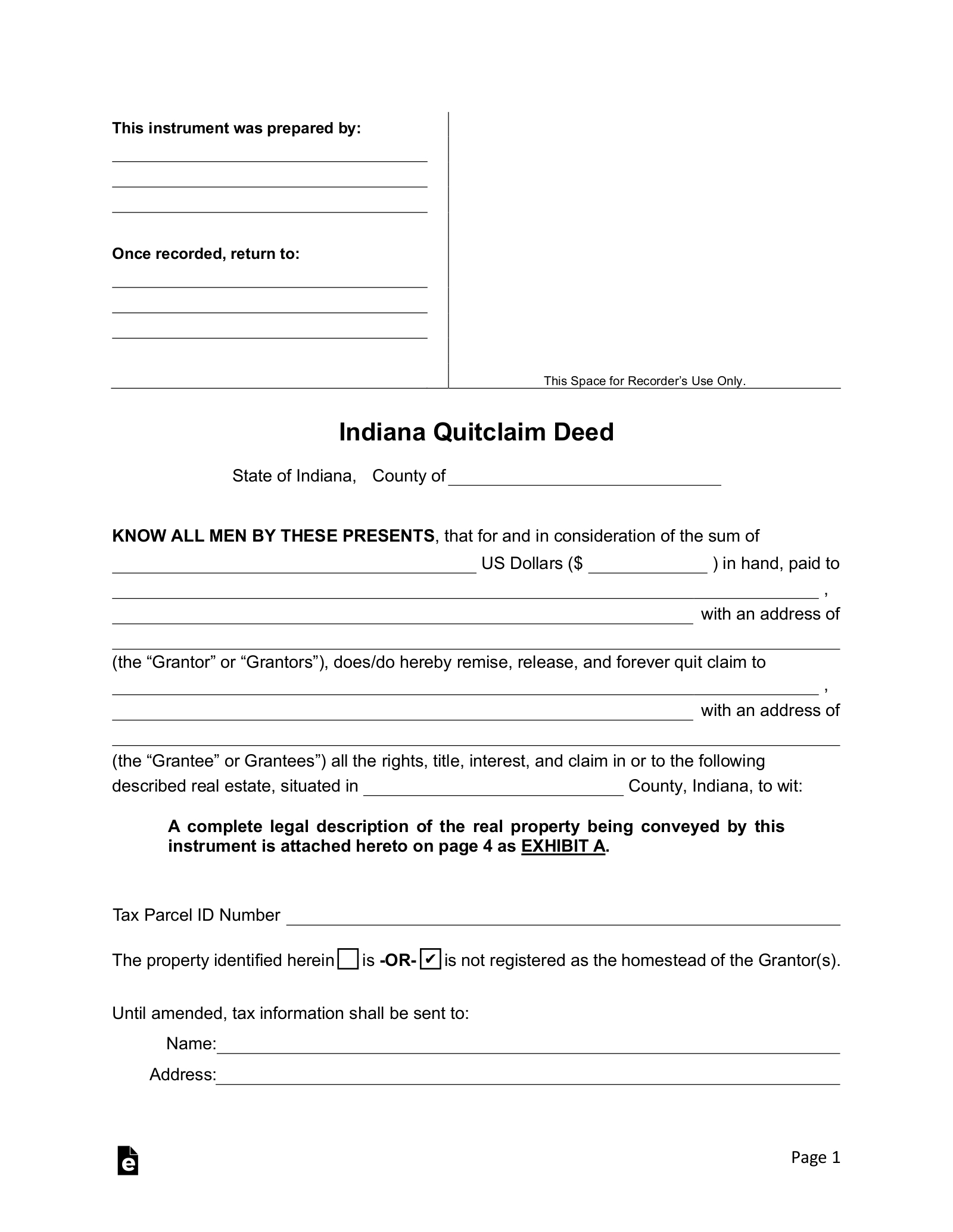 Free Indiana Quit Claim Deed Form - Pdf | Word – Eforms with regard to Free Printable Quit Claim Deed Form Indiana