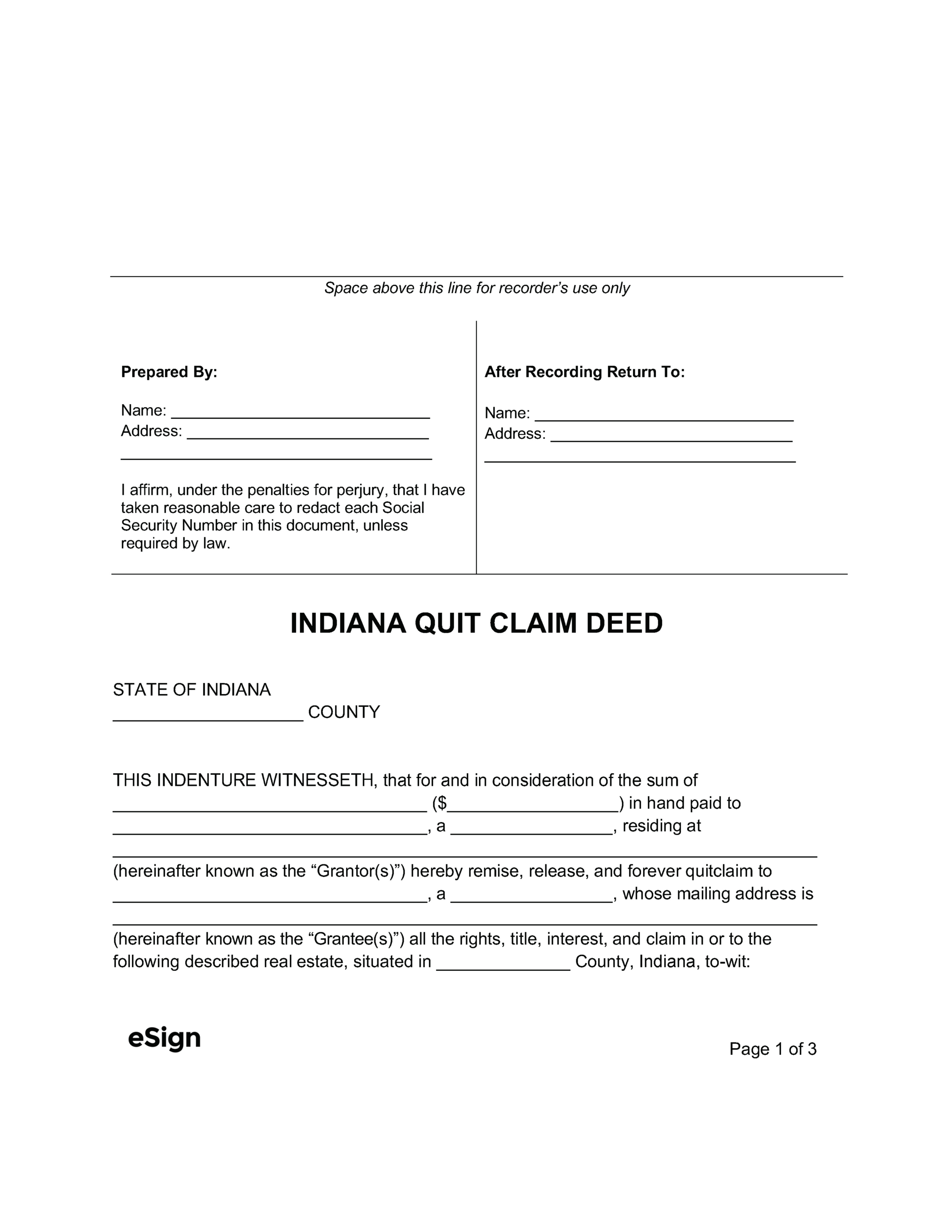 Free Indiana Quit Claim Deed Form | Pdf | Word intended for Free Printable Quit Claim Deed Form Indiana