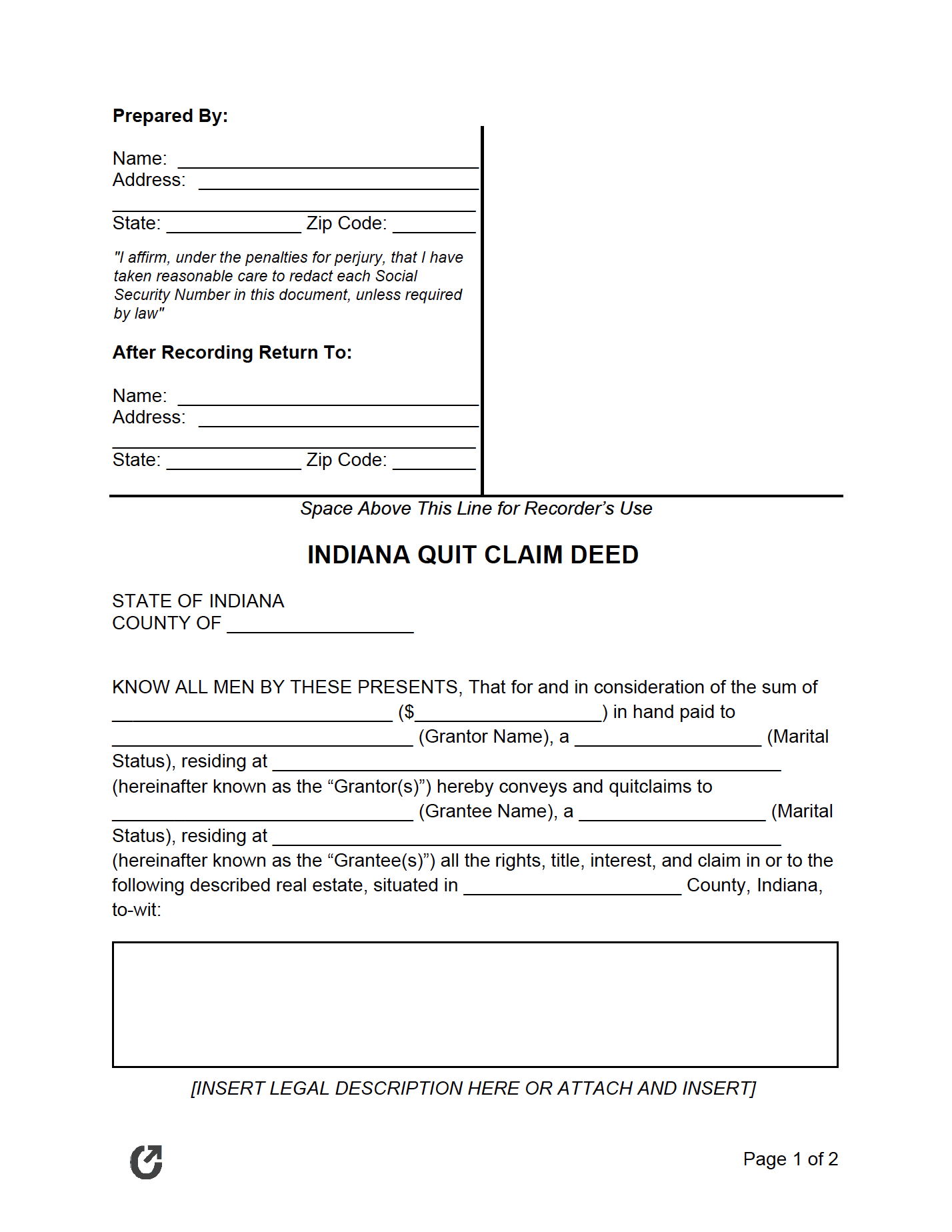 Free Indiana Quit Claim Deed | Pdf | Word | Rtf inside Free Printable Quit Claim Deed Form Indiana