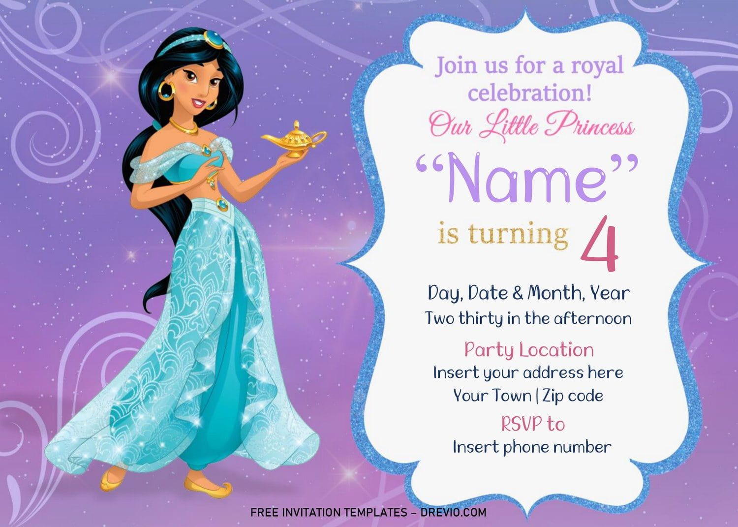 Free Jasmine Birthday Invitation Templates For Word | Jasmine regarding Free Printable Princess Jasmine Invitations