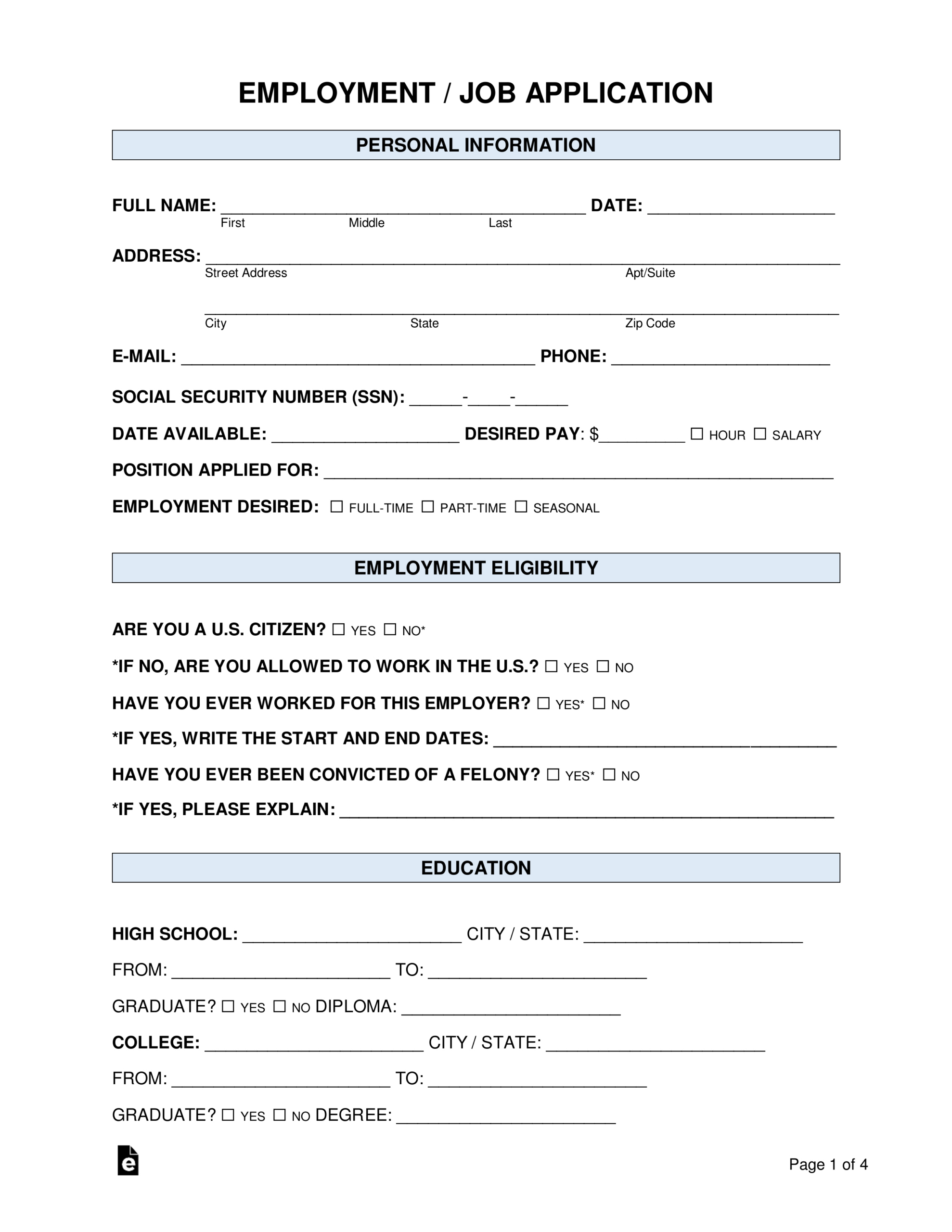 Free Job Application Form (Standard Template) - Pdf | Word – Eforms intended for Free Printable Job Application