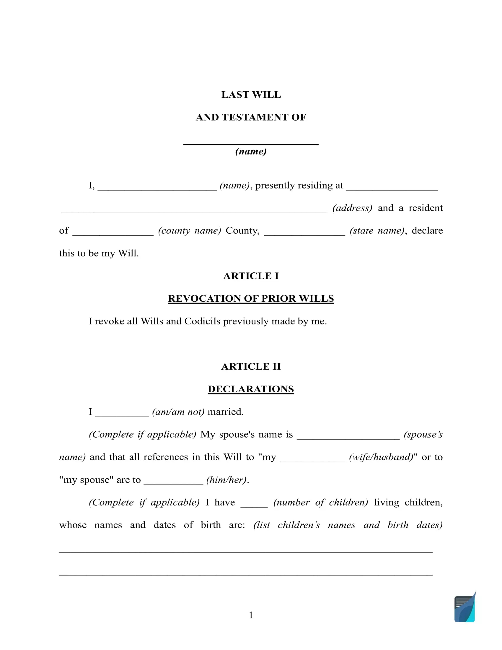 Free Last Will And Testament Template ⇒ Will Forms In Pdf And Doc intended for Free Printable Will Forms