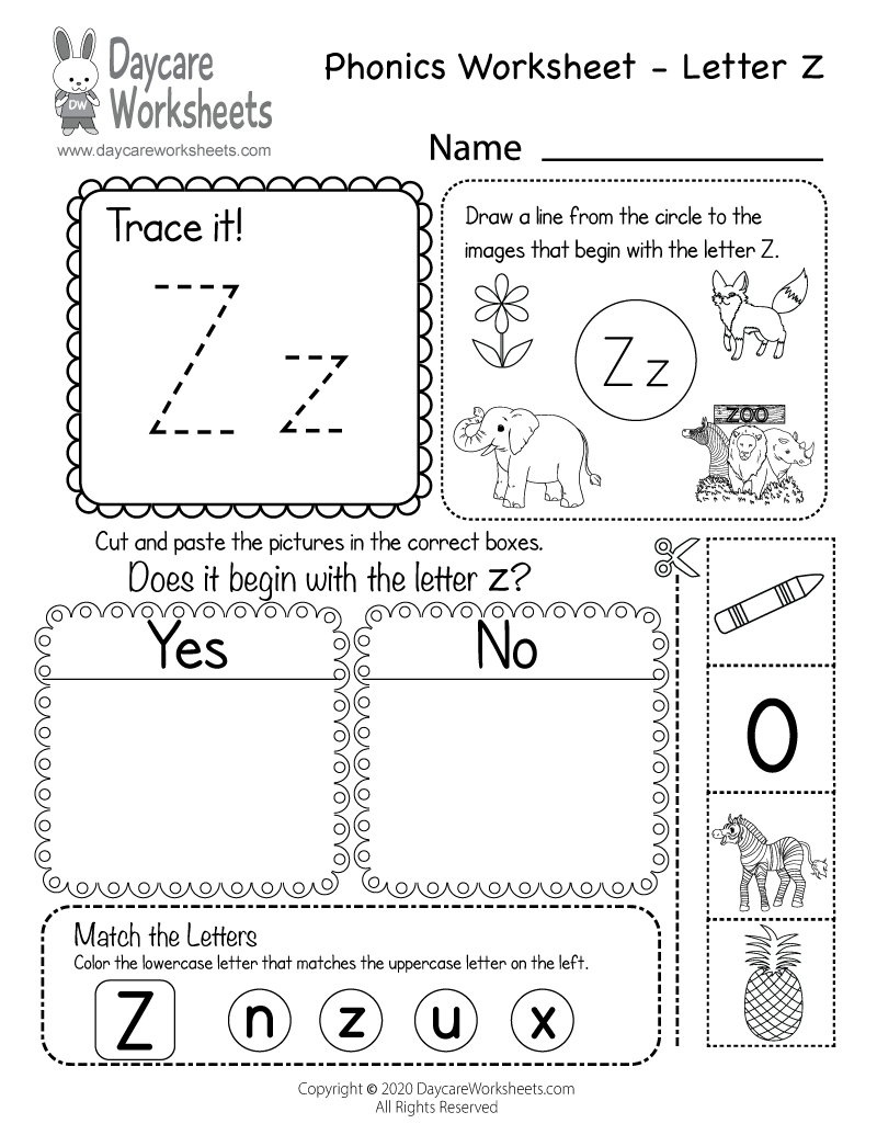 Free Letter Z Phonics Worksheet For Preschool - Beginning Sounds with regard to Letter Z Worksheets Free Printable