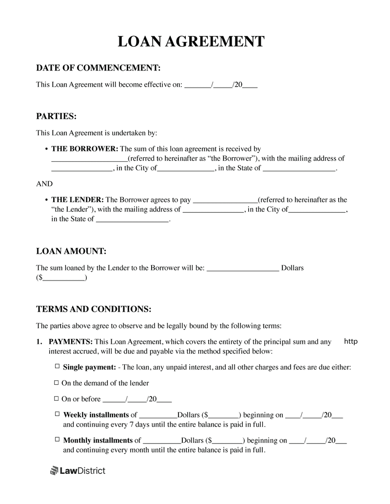 Free Loan Agreement Template | Loan Contract | Lawdistrict in Free Printable Personal Loan Forms