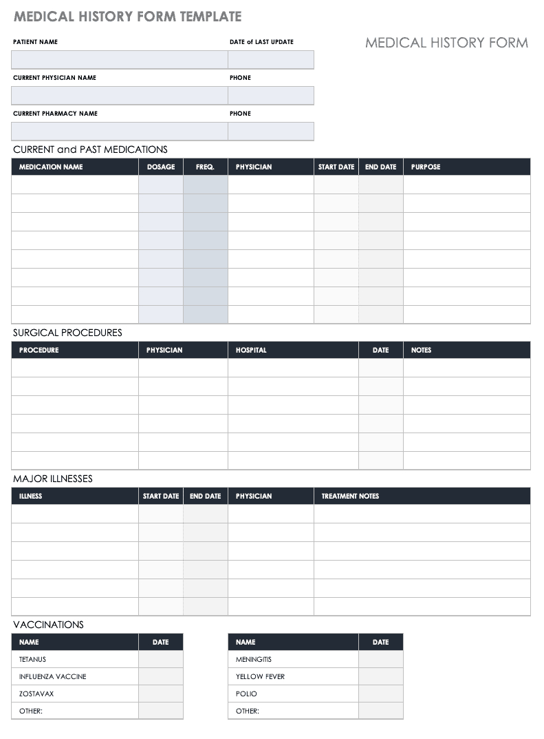 Free Medical Form Templates | Smartsheet throughout Free Printable Medical History Forms