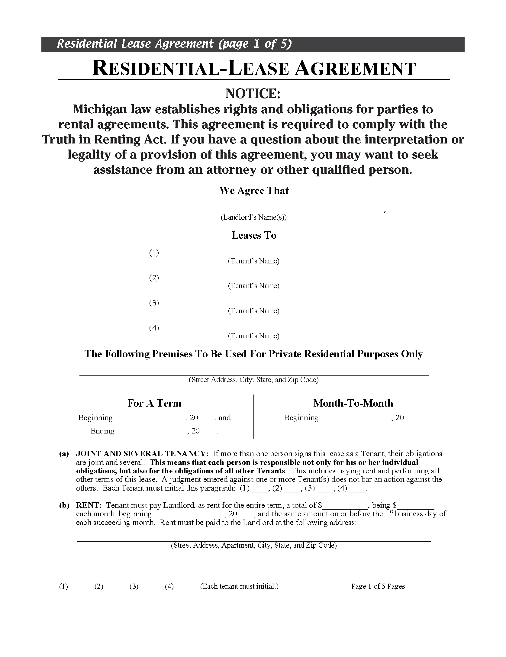 Free Michigan Residential Lease Agreement | Pdf with regard to Free Printable Michigan Residential Lease Agreement