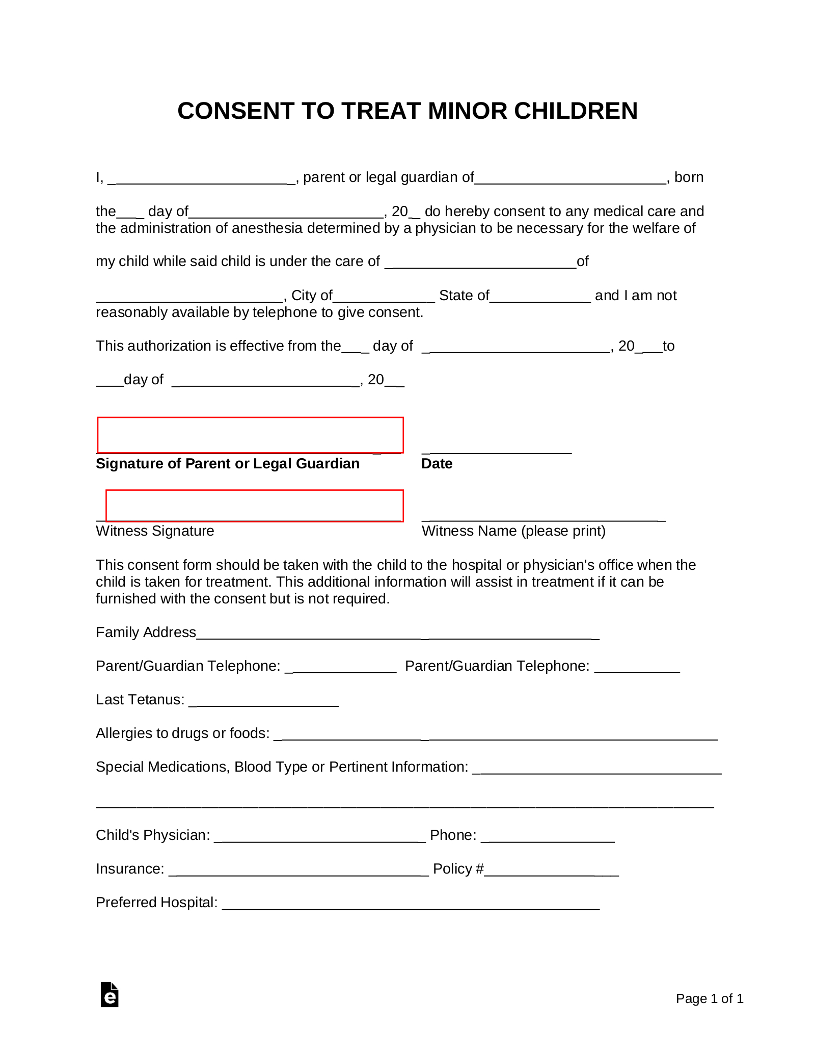 Free Minor (Child) Medical Consent Form - Pdf | Word – Eforms in Free Printable Medical Consent Form