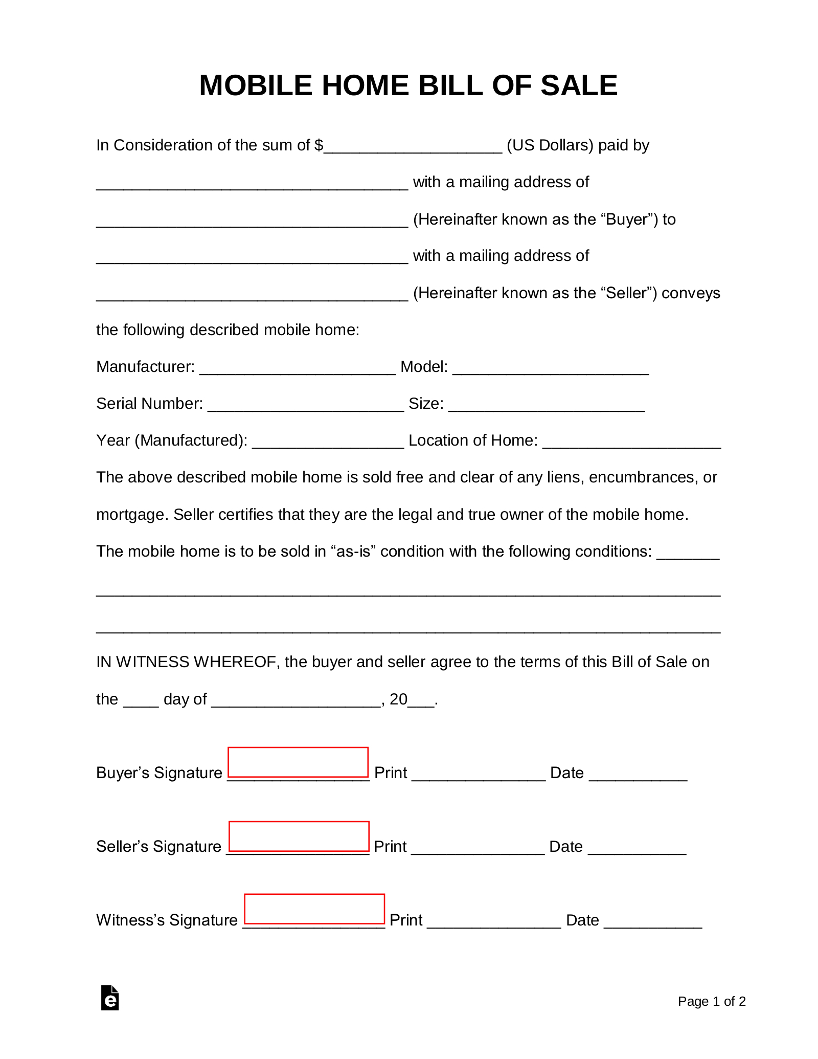 Free Mobile (Manufactured) Home Bill Of Sale Form - Pdf | Word intended for Free Printable Mobile Home Bill of Sale