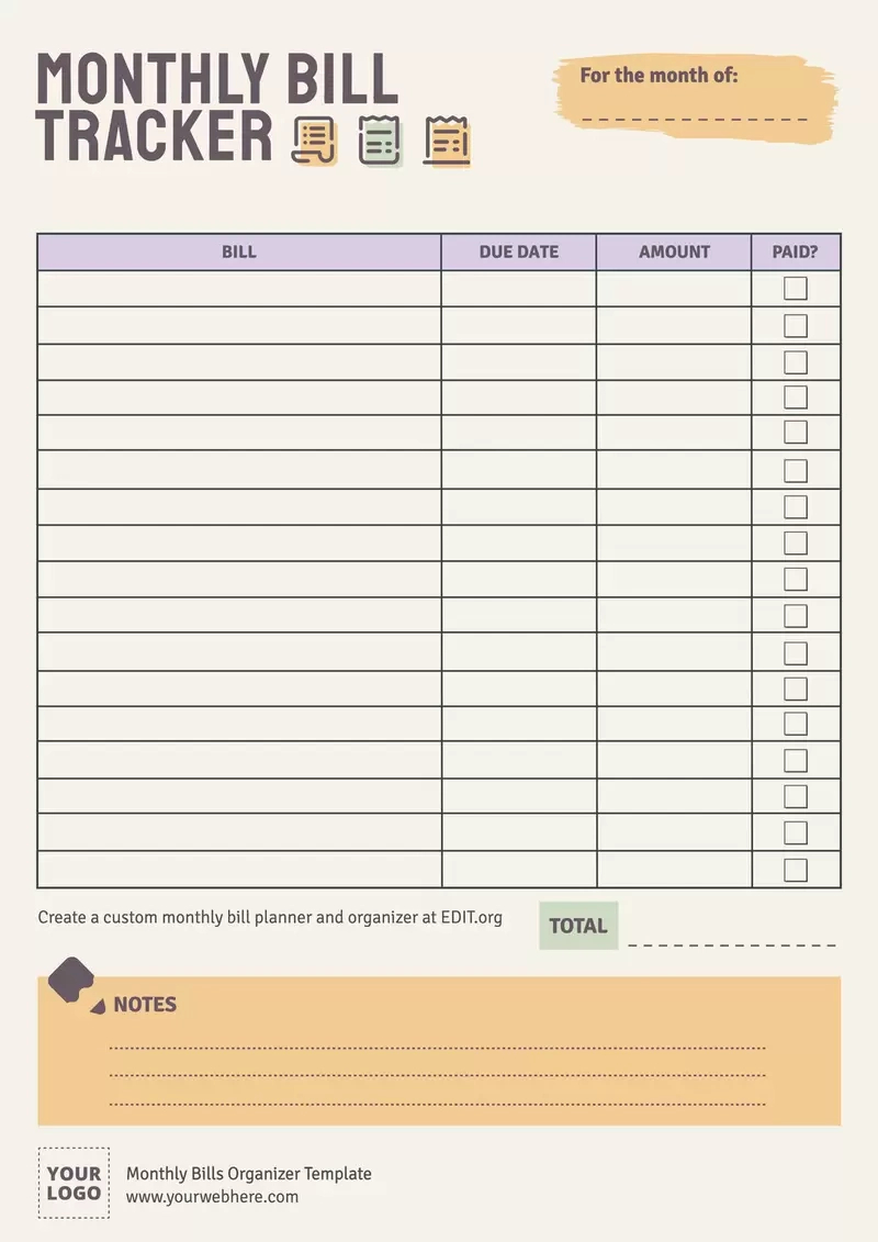 Free Monthly Bills Organizer Templates with regard to Free Printable Monthly Bill Payment Worksheet