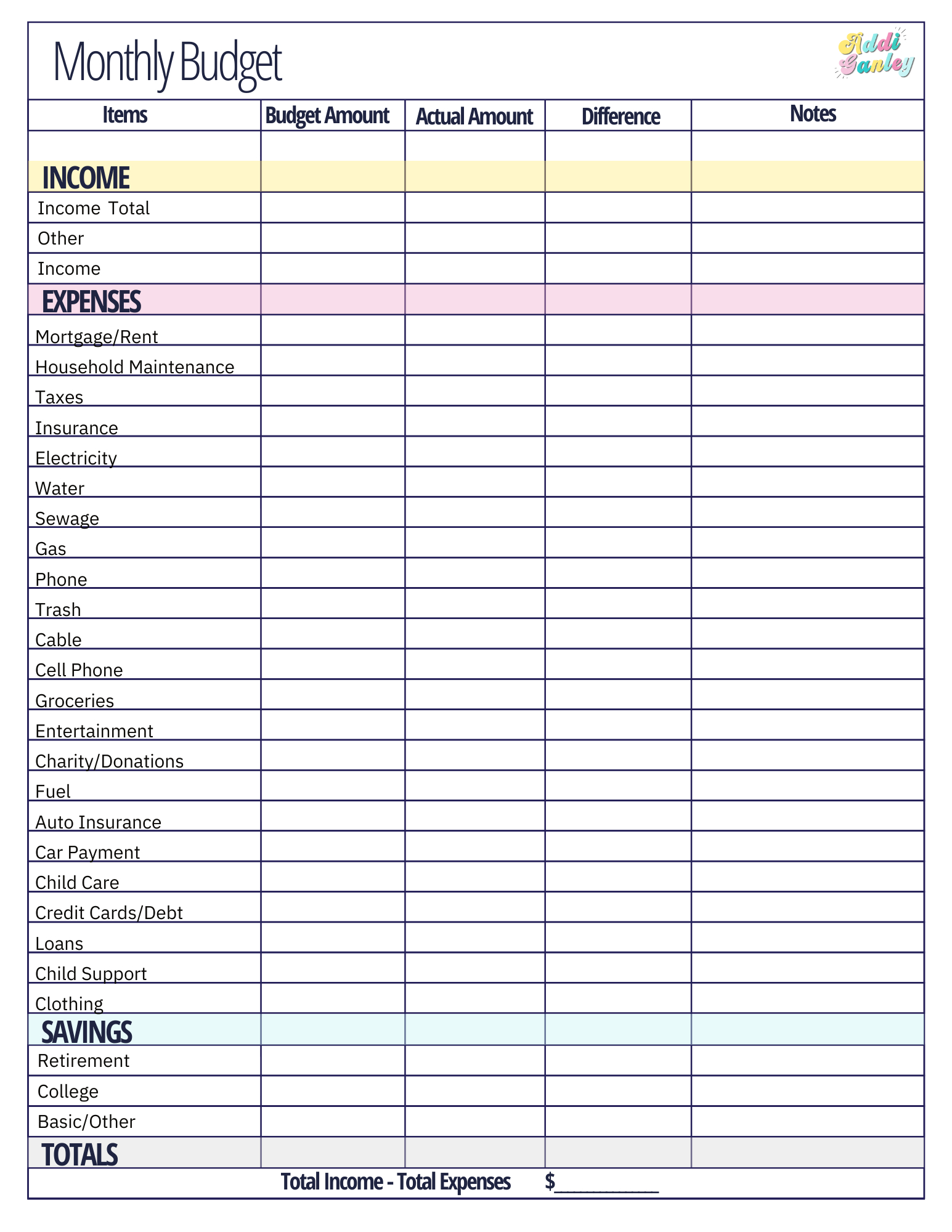 Free Monthly Budget Template - Instant Download inside Free Printable Monthly Budget Worksheets