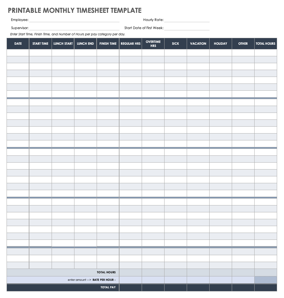 Free Monthly Timesheet &amp;amp; Time Card Templates | Smartsheet in Time Card Templates Free Printable