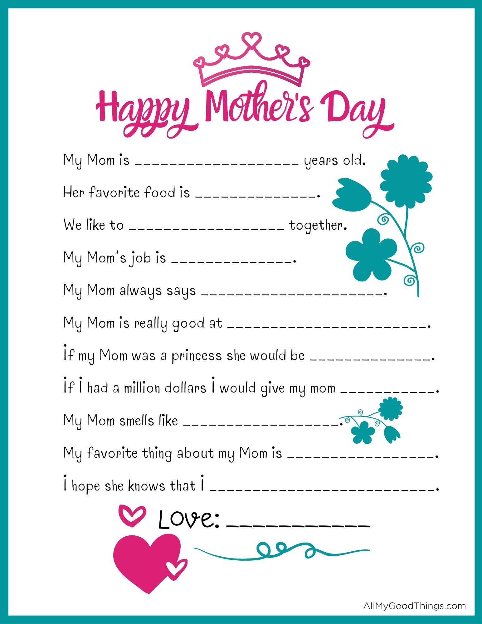 Free Mother&amp;#039;S Day Questionnaire Printable - All My Good Things throughout Free Printable Mothers Day Questions