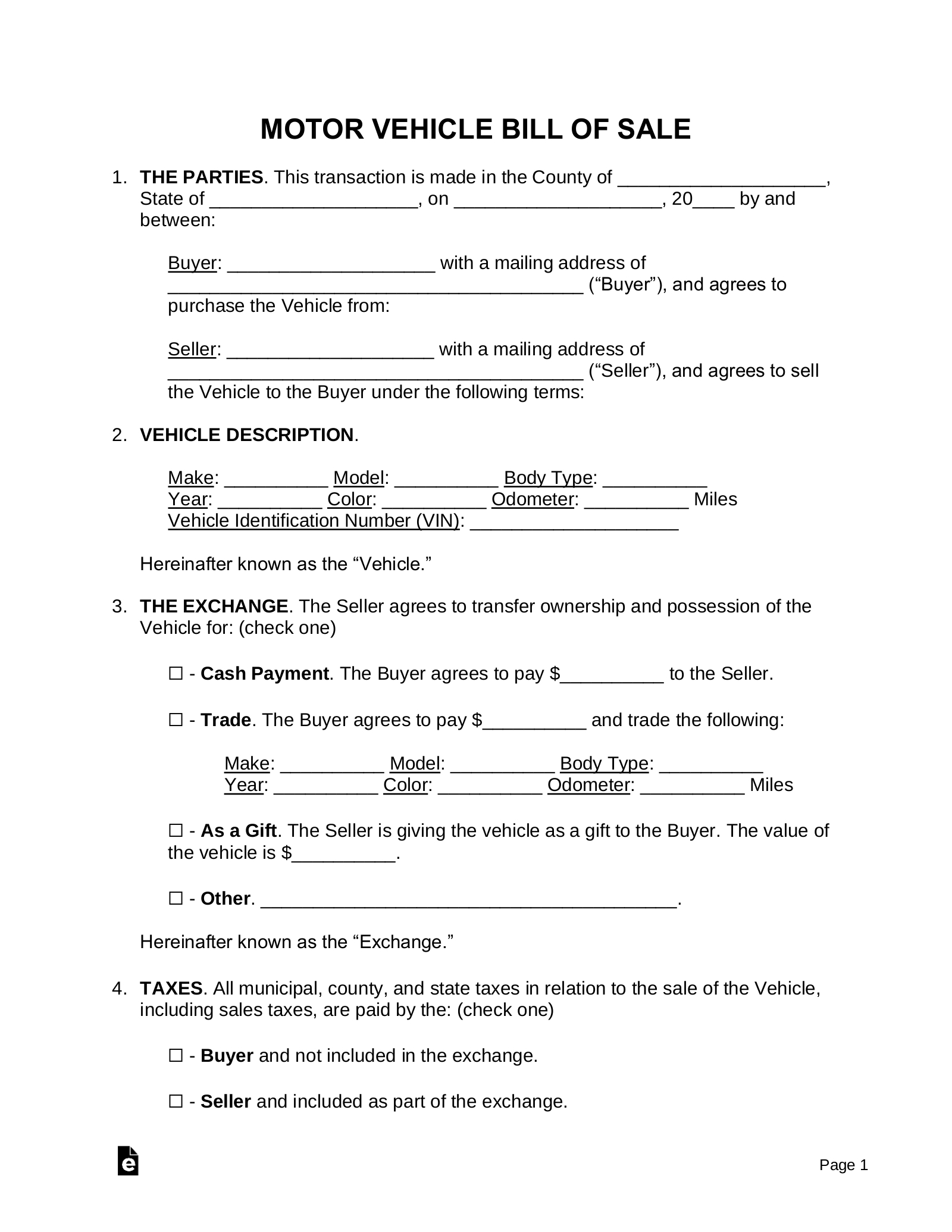 Free Motor Vehicle (Dmv) Bill Of Sale Form - Pdf | Word – Eforms in Free Printable Vehicle Bill Of Sale