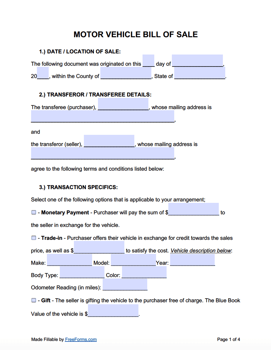 Free Motor Vehicle (Dmv) Bill Of Sale Form | Pdf | Word inside Free Printable Automobile Bill Of Sale Template