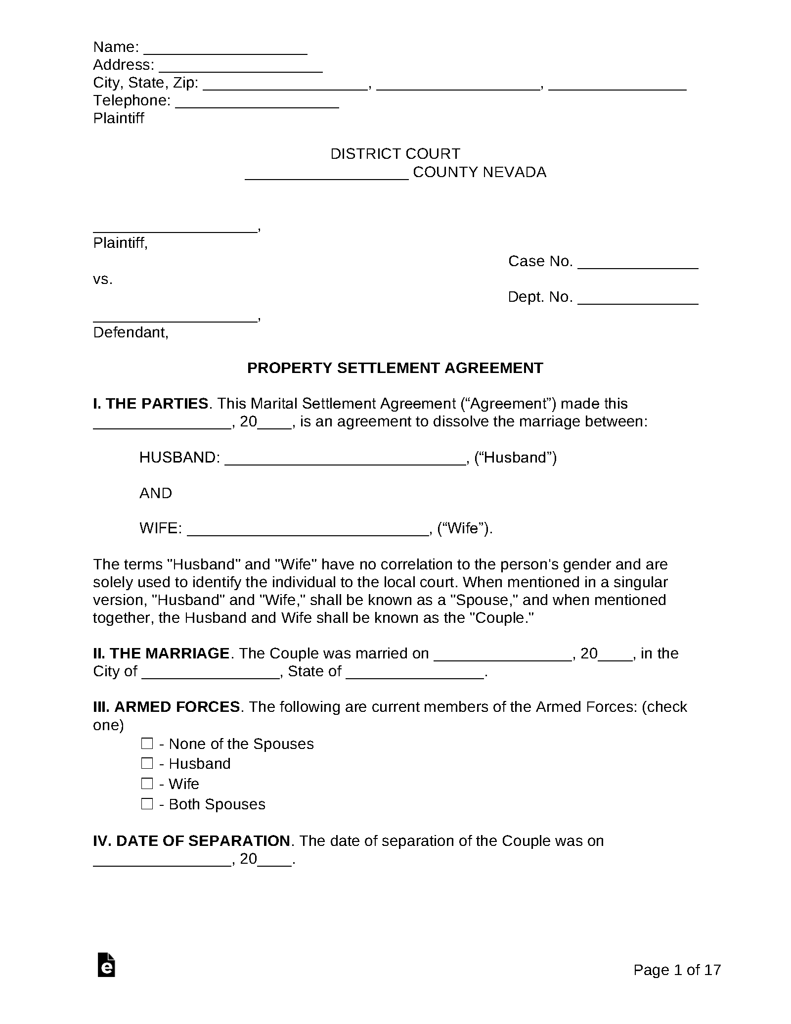 Free Nevada Marital Settlement (Divorce) Agreement - Pdf | Word in Free Printable Divorce Papers Nevada