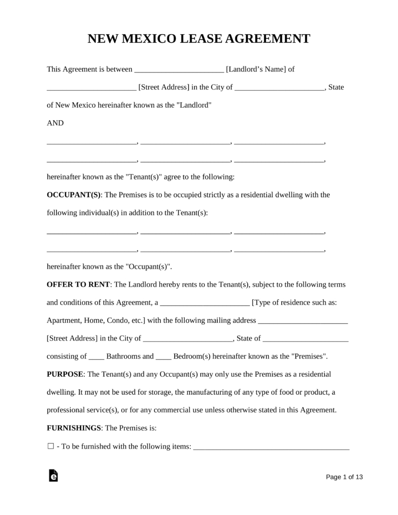 Free New Mexico Standard Residential Lease Agreement Form Pdf For intended for Free Printable Rental Lease Agreement