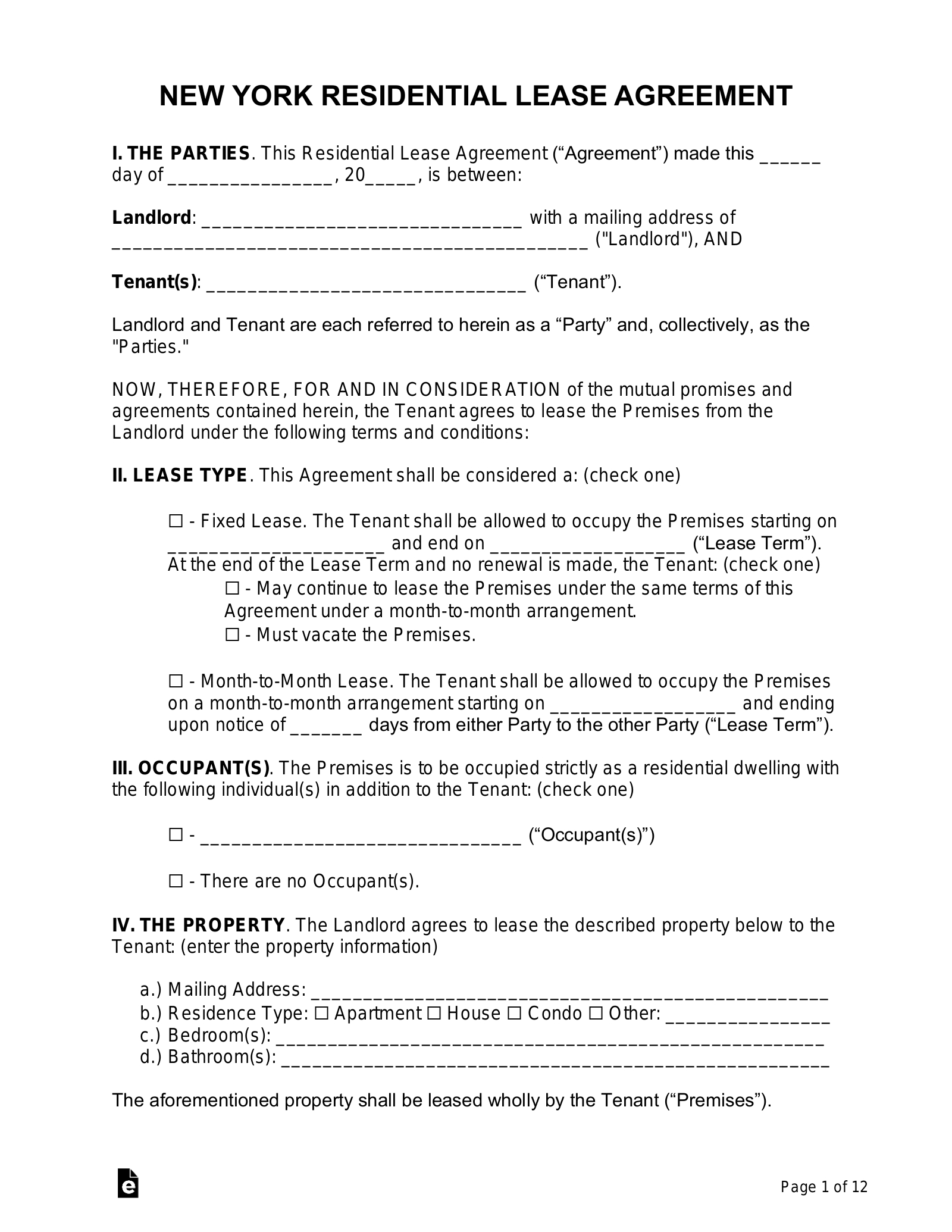 Free New York Lease Agreement Templates (10) - Pdf | Word – Eforms in Free Printable Lease Agreement Ny