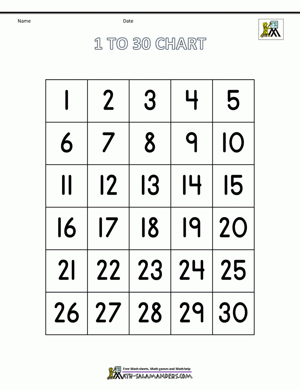 Free Number Chart 1-30 with regard to Free Printable Table Numbers 1-30