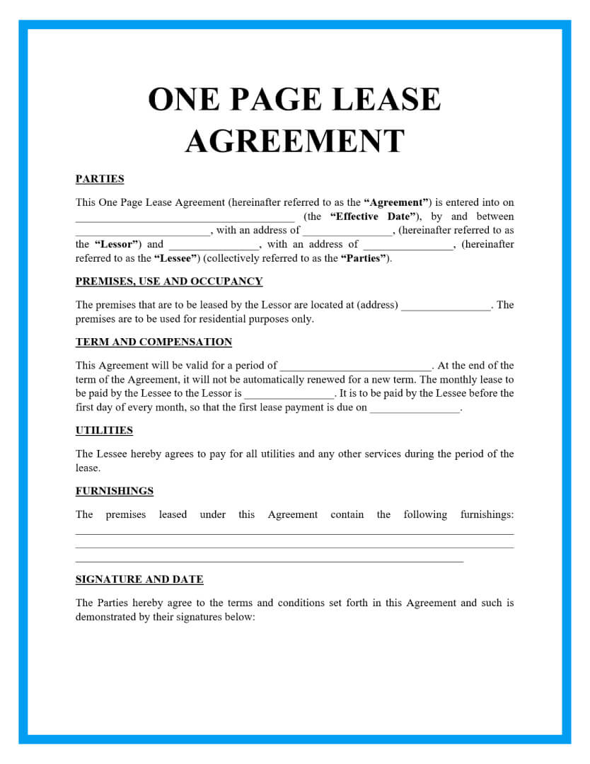 Free One Page Lease Agreement Templates throughout Blank Lease Agreement Free Printable