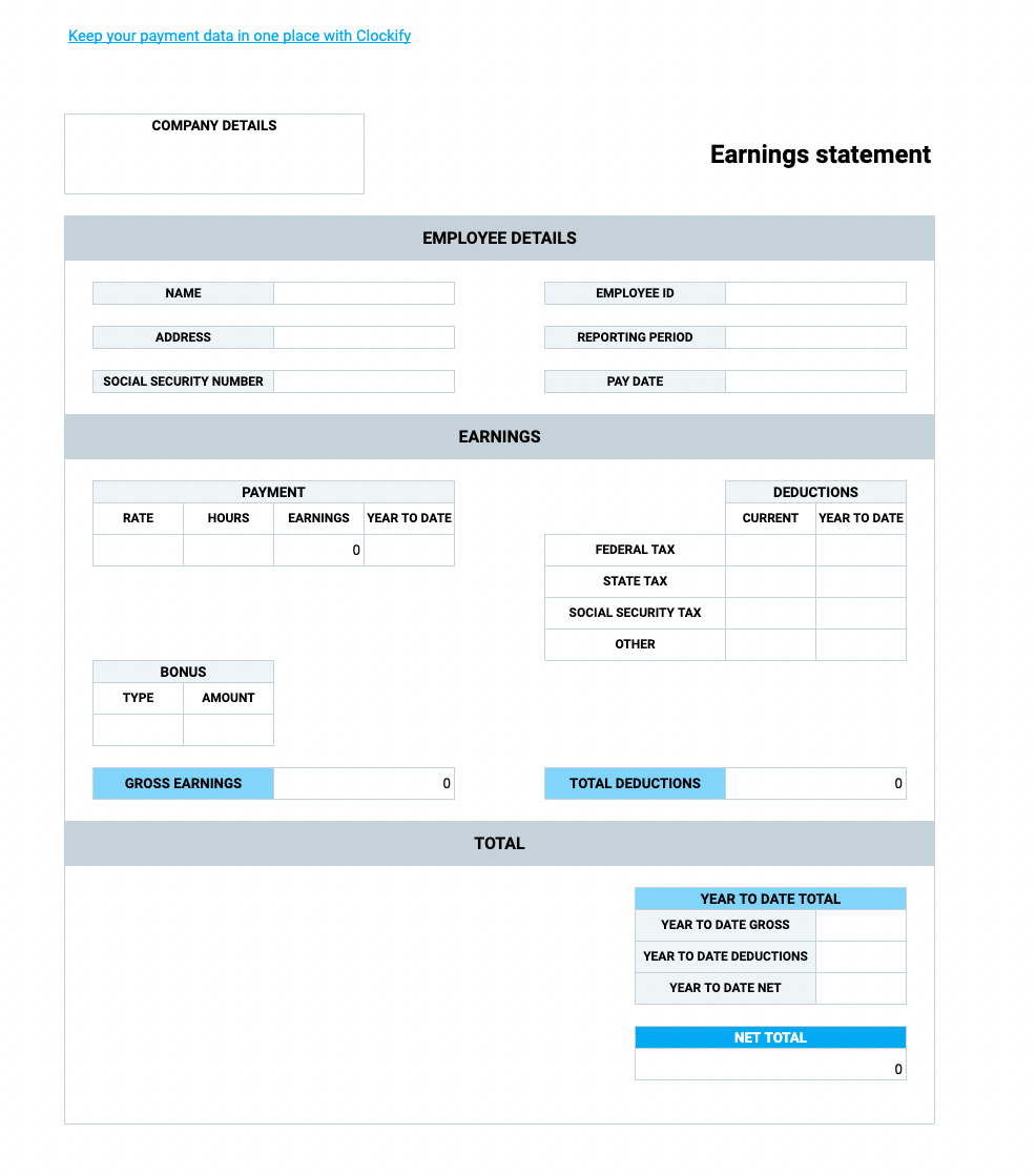 Free Pay Stub Templates — Clockify for Free Printable Blank Check Stubs