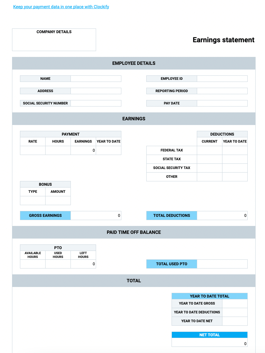 Free Pay Stub Templates — Clockify for Free Printable Pay Stubs