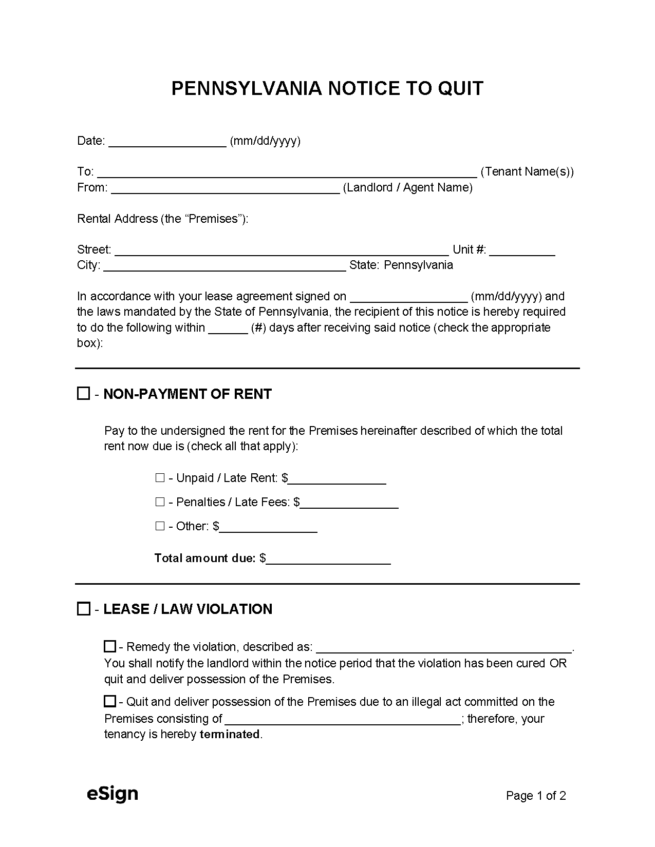 Free Pennsylvania Eviction Notice Templates (5) | Pdf | Word within Free Printable Eviction Notice Pa