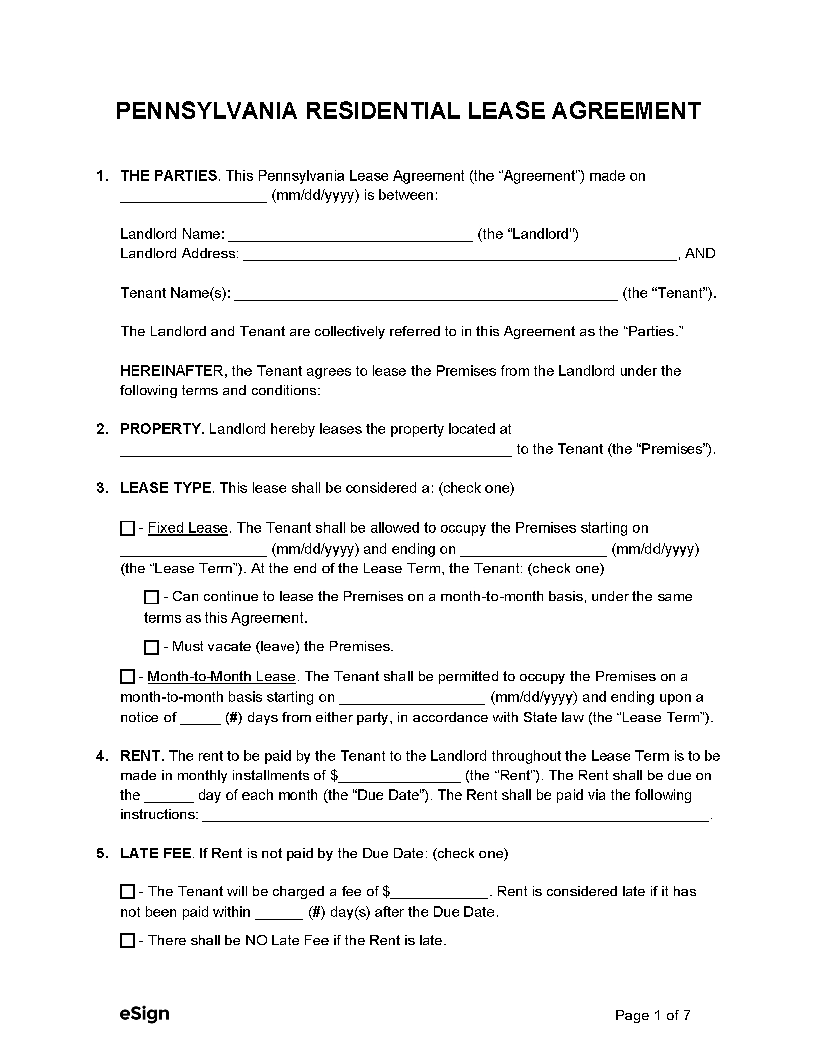 Free Pennsylvania Rental Lease Agreement Templates (6) | Pdf | Word inside Free Printable Lease Agreement PA