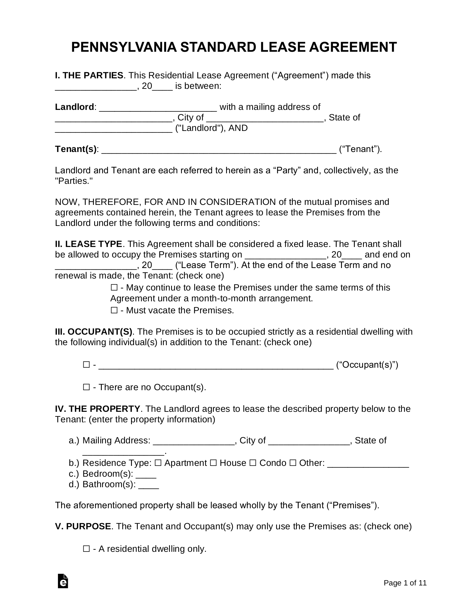 Free Pennsylvania Standard Residential Lease Agreement Form - Pdf with regard to Free Printable Lease Agreement Pa