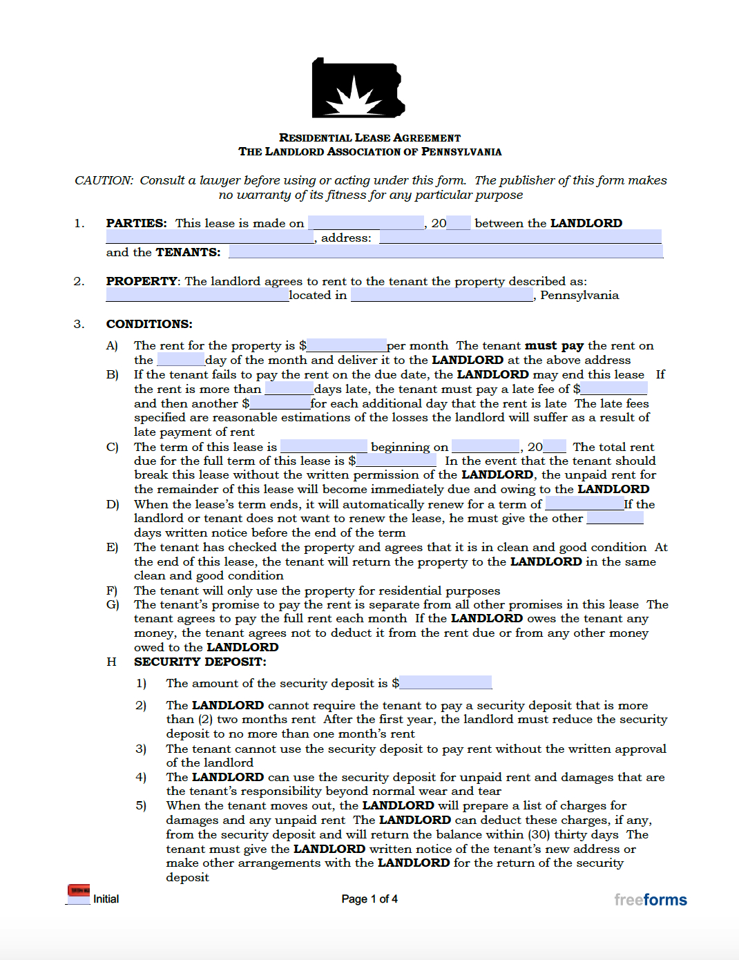 Free Pennsylvania Standard Residential Lease Agreement Template with Free Printable Lease Agreement Pa